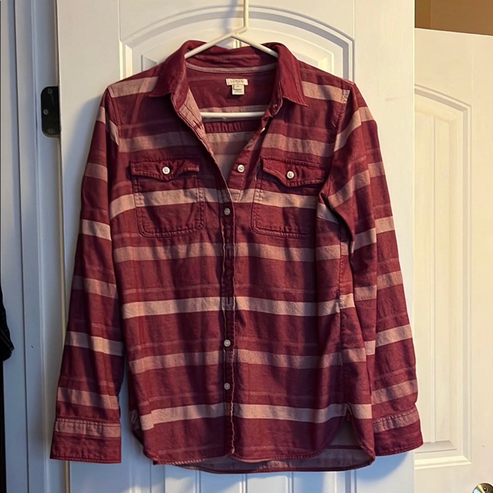 Pink-ish and White Striped Button-Up Shirt